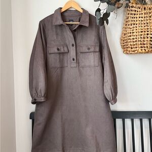 Brown Balloon-Sleeve Shirt Dress